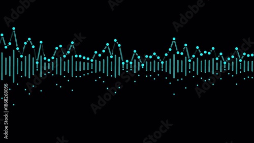 Abstract teal data chart combining vertical bars and a line graph on a black background, representing analytics, trends, statistics, and digital performance monitoring.