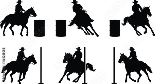 Barrel racing and pole bending horse silhouettes showing western rodeo speed agility competition isolated white background illustration equestrian sport action