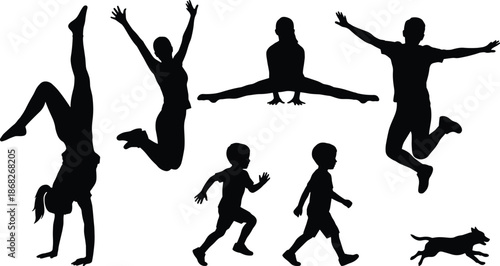 Active people and children silhouettes jumping running poses, fitness motion collection, playful movement, sport exercise illustration isolated white background