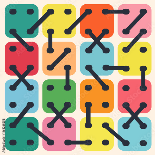 A set of buttons connected with threads like a maze. Hand-drawn illustration.