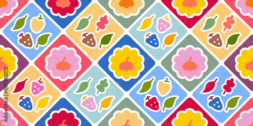 Colorful diamond pattern featuring flowers fruits and leaves in a repeating design