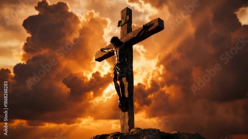 Statue of Jesus Christ on the wooden cross against a dramatic sunset sky with sun rays, religious symbol of crucifixion and sacrifice for Easter and Christian faith