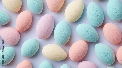 Pastel Beauty Blender Sponges With Damp Texture, Neatly Arranged Still Life Display