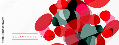 Abstract colorful shapes overlap white space. Red, gray, black hues create modern design element. Simple background pattern.