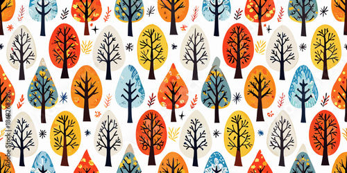 Colorful autumn trees pattern with stylized foliage and a white background