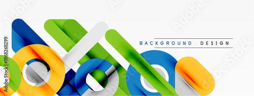 Abstract colorful shapes overlap, creating dynamic composition. Modern design elements suggest innovation, energy, visual appeal.