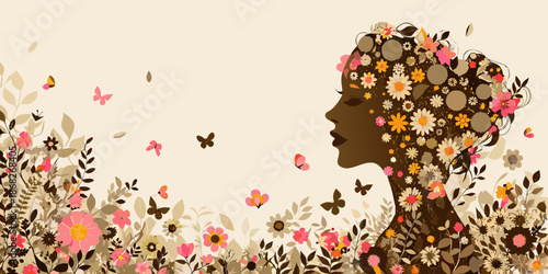 A woman s profile blended with floral elements and fluttering butterflies