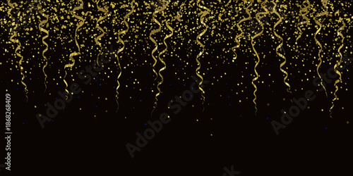 Golden confetti and streamers falling on a dark black background