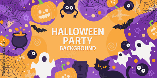 Festive halloween background with pumpkins ghosts bats and spooky party elements