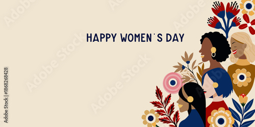 Happy women s day illustration featuring diverse faces and beautiful floral arrangements