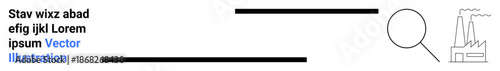 Environmental awareness, pollution analysis, industrial studies, data search, research concepts, and sustainability. Magnifying glass highlighting a factory. Environmental awareness and pollution
