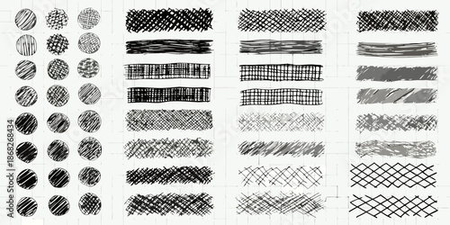 A collection of various hand drawn scribble and shading textures on lined paper