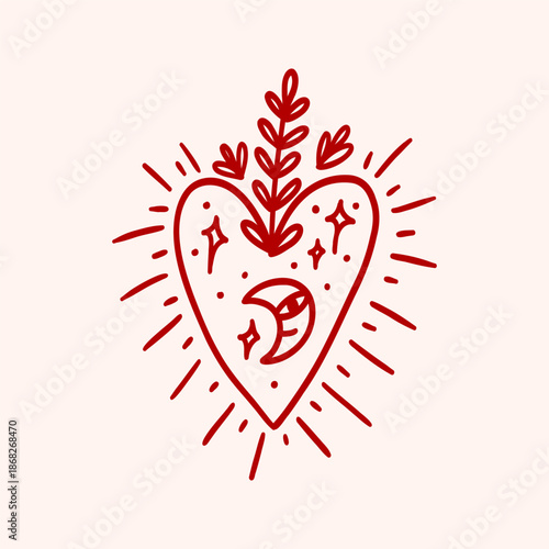 Hand drawn illustration of heart with plant, moon and stars. Spirituality and magic vibes. Vintage whimsical clipart. Symbol of love