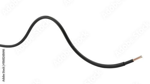 black electric cable with exposed copper wires at the end on transparent background
