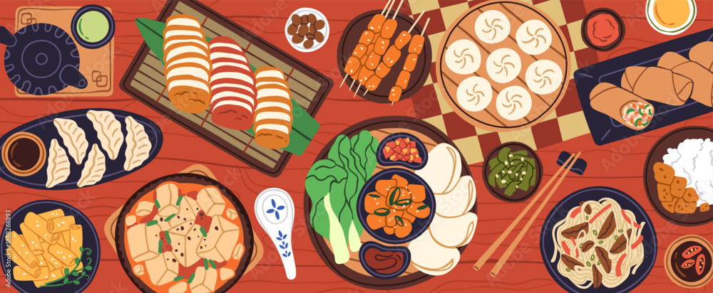 Fototapeta premium Chinese food on table, top view. Traditional Asian cuisine with dumplings, noodles, rice, soup, skewers, sauces and chopsticks. China dinner, served dishes, meal from above. Flat vector illustration