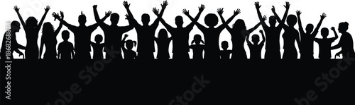 Celebrating crowd silhouette with raised hands, unity joy success concept, diverse people cheering together, community festival, teamwork happiness illustration design