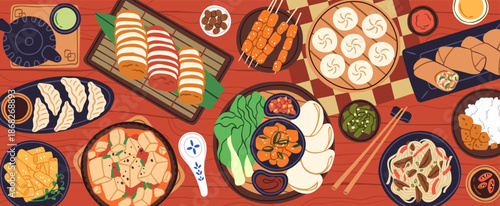 Chinese food on table, top view. Traditional Asian cuisine with dumplings, noodles, rice, soup, skewers, sauces and chopsticks. China dinner, served dishes, meal from above. Flat vector illustration