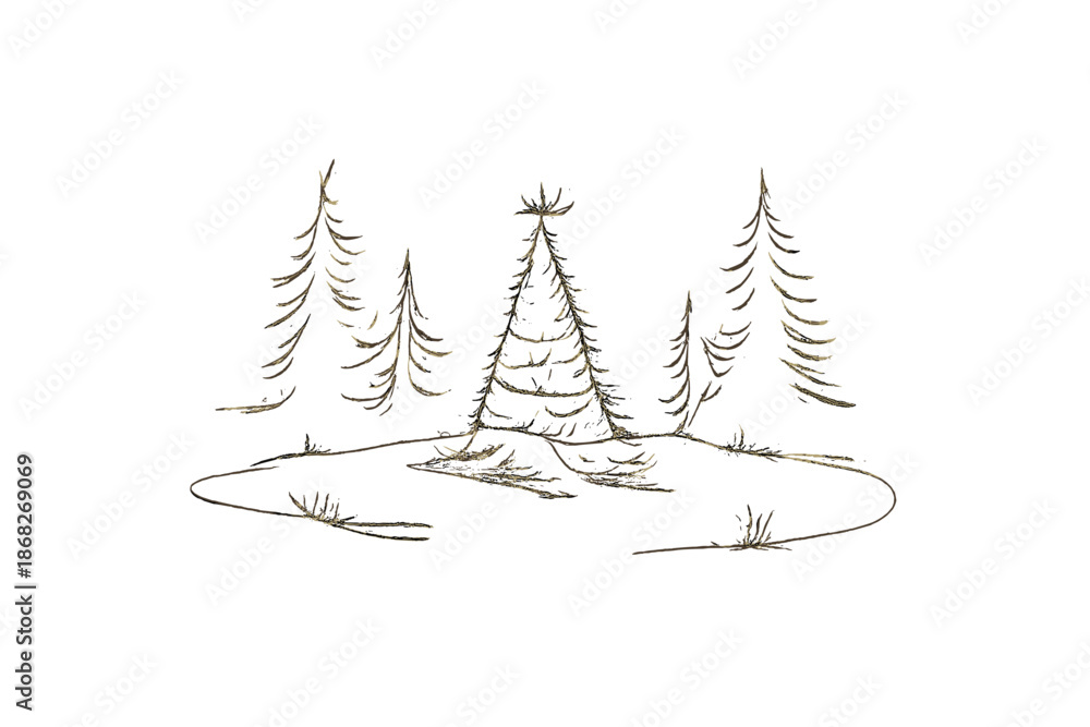 Fototapeta premium Minimalist Christmas Tree. Christmas tree light in forest clearing. Minimalistic one-line drawing radiant tree