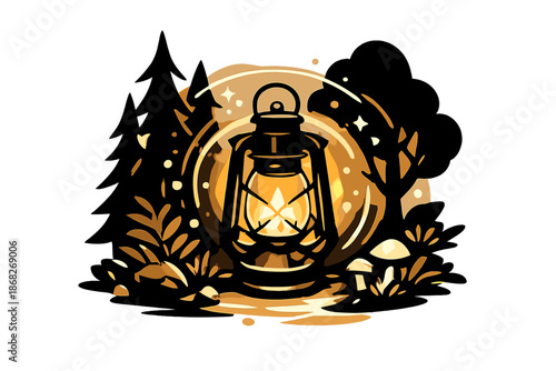 Glowing Lantern Forest. Old Lantern in Dark Forest. A vintage lantern glowing softly against deep shadows and