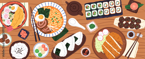 Japanese food served on table. Traditional Japan cuisine, meal, top view. Asian dinner, lunch with dishes, sushi rolls, rice, noodles, ramen, onigiri, katsu, soy sauce. Flat vector illustration