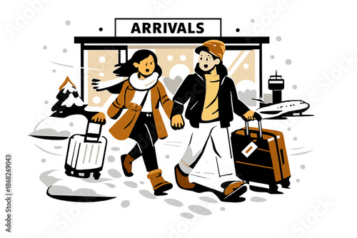 Snowy Airport Departure. Snowy Airport Arrival. A couple exiting a terminal into snow, suitcases trailing
