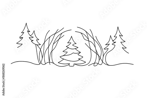 Glowing Forest Tree. Hidden glowing Christmas tree in woods. Minimalistic one-line drawing hidden festive tree