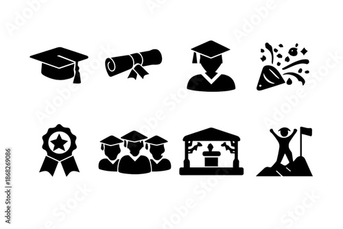 University Graduation Icons. University Graduation. Filled icon set of University Graduation: graduation cap,