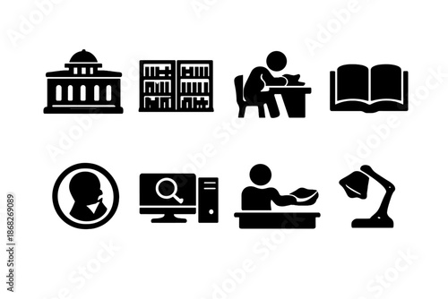 Campus Library Icons. Campus Library. Filled icon set of Campus Library: university library, bookshelf rows,