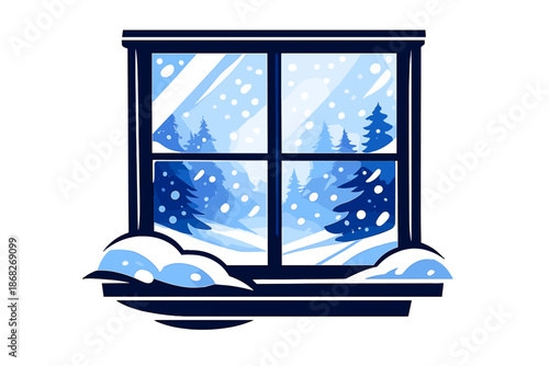 Snowy Forest View. Snowy Forest Window View. Trees barely visible through falling snow beyond the window.