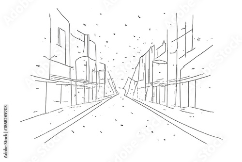 Snowy Urban Outline. Urban street in snowstorm. Minimalistic one-line drawing straight city street with