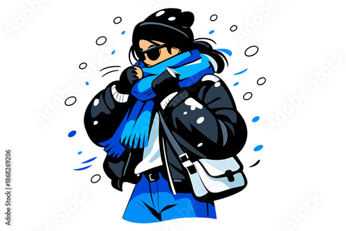 Chic Snowfall Moment. Street Style in Snowfall. A candid moment of a model adjusting a scarf while snow falls