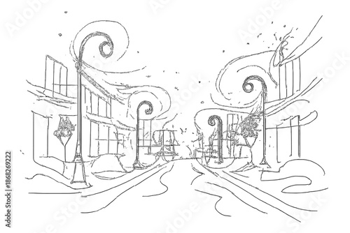 Minimalist Snowy Urban Street. Snowstorm night urban street. Minimalistic one-line drawing nighttime city