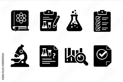 Science Homework Icons. Science Homework. Filled icon set of Science Homework: science textbook, experiment