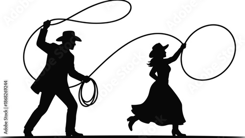 Cowboy and cowgirl lasso silhouettes, western rope dance action, rodeo culture illustration, traditional ranch lifestyle isolated background, white vector design