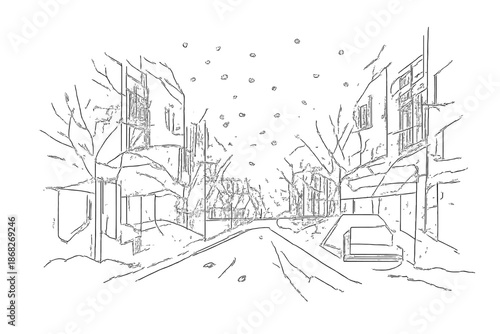 Minimalist Winter Urban Scene. Urban winter storm street scene. Minimalistic one-line drawing urban street