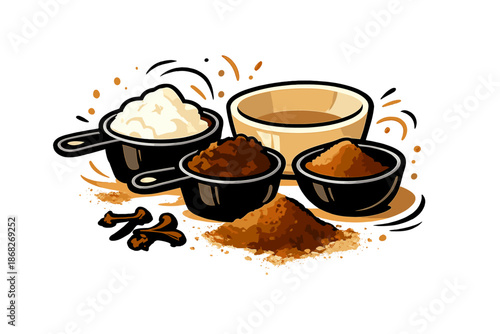 Spice Baking Scene. Spice Baking Prep. Measuring cups with flour and cocoa, ground cinnamon dusting the