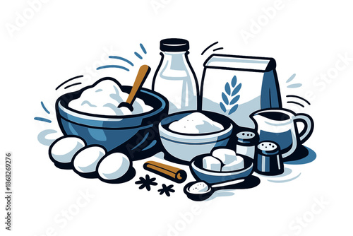 Cozy Baking Vibes. Cozy Baking Still Life. Ingredients and spices grouped closely, soft lighting and rounded