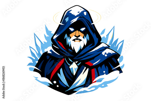 Frost Mage Portrait. Ice Mage Portrait. A frost wizard shown from the waist up, glowing eyes beneath a hood