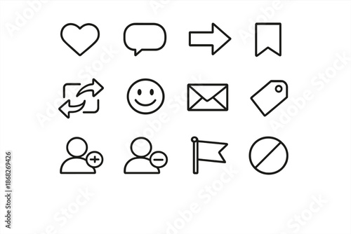 Social Media Icons. Engagement Actions. Line outline icon set of engagement actions: heart like, comment