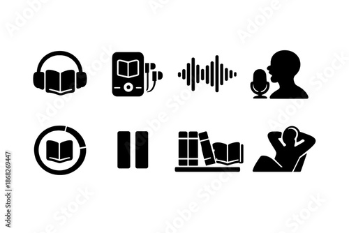 Audiobook Icons Set. Audiobooks. Filled icon set of Audiobooks: headphones listening, audio book player, sound