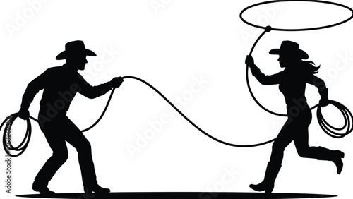 Cowboy and cowgirl rope silhouettes, western lasso action scene, rodeo teamwork illustration, traditional ranch culture isolated white background