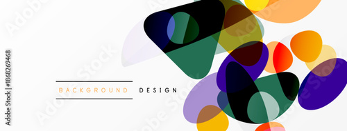 Abstract colorful shapes overlap, creating dynamic visual texture. Modern design elements suggest creativity, innovation. Background features text labels.