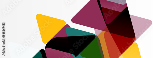 Abstract geometric shapes overlap, creating vibrant color blocks. Composition features triangles, rectangles, varied hues. Minimalist design.