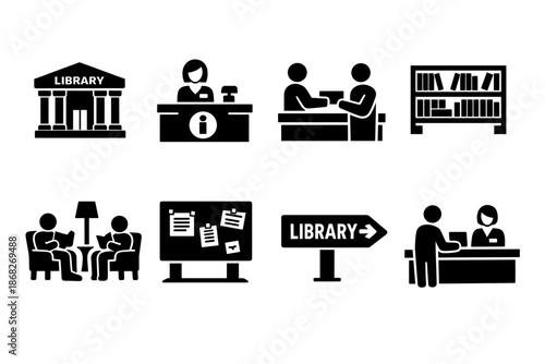 Library Icon Set. Public Library. Filled icon set of Public Library: public library exterior, information desk