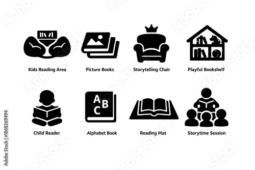 Children Library Icons. Children Library. Filled icon set of Children Library: kids reading area, picture