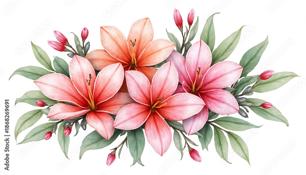 Obraz premium Vibrant Pink Lily Bouquet with Green Leaves