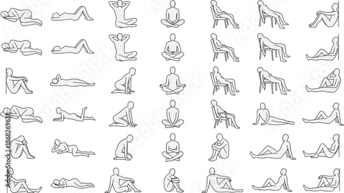 Vector illustration set of human sitting, reclining, resting and yoga poses in side view, minimal silhouettes ideal for UI, wellness, anatomy and character design projects