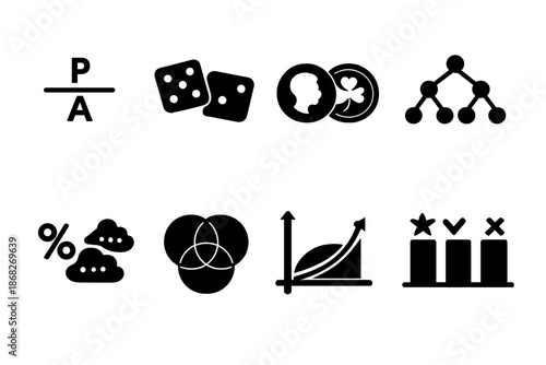 Probability Icon Set. Probability. Filled icon set of Probability: probability formula, dice roll, coin toss,