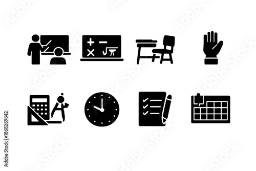 Math Classroom Icons. Math Classroom. Filled icon set of Math Classroom: teacher at board, math equations