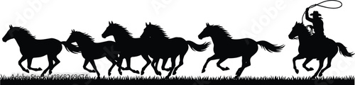 Cowboy herding running horses silhouettes showing western rodeo action ranch lifestyle freedom concept isolated white background illustration landscape